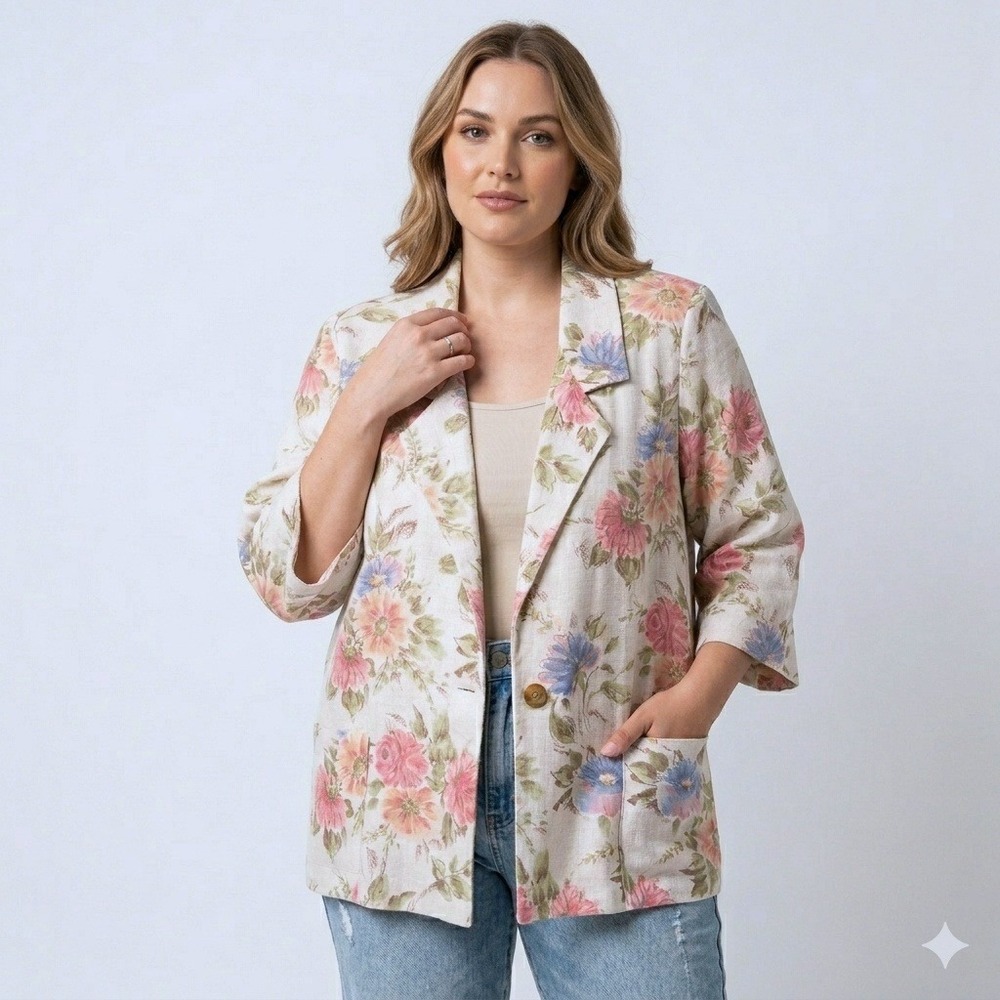 Vtg Alice Stuart Flax Floral Blazer Women 20W Pastel Ivory Cottagecore USA Made